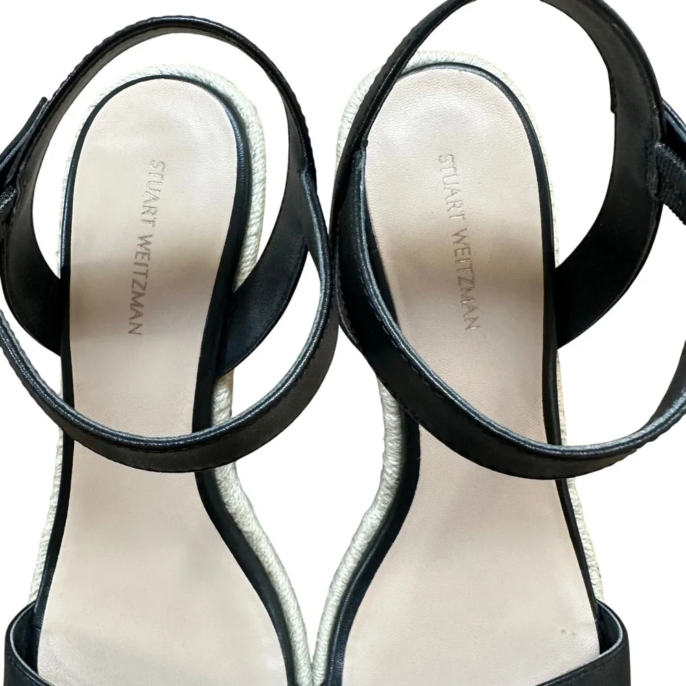 Stuart Weitzman Black Leather Espadrille Wedge Sandals Ankle Strap Size 8 - Picture 3 of 8